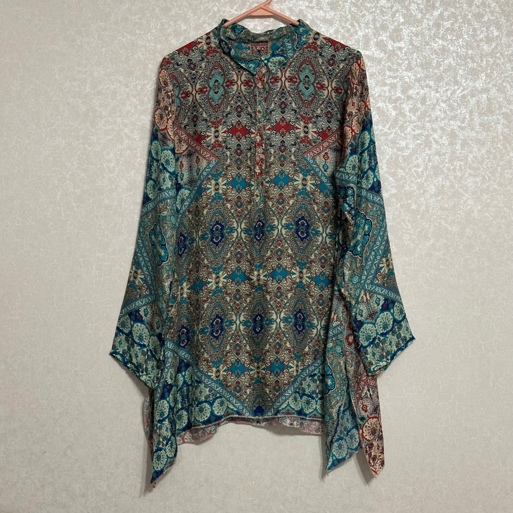 Johnny Was 100% Silk Tunic Paisley Handkerchief Hem Boho Multicolor Top Sz M